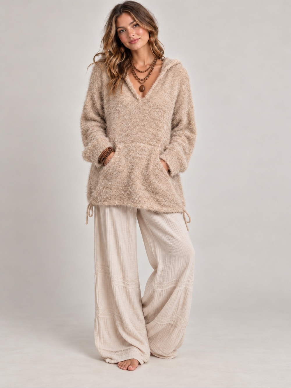 Self Fuzzy Eyelash Knit Hooded Sweater Tunic Beige Oatmeal Boho Size Large
